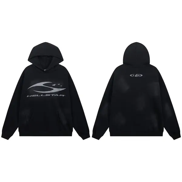 The newly popular Hellstar 2025 SS basic printed logo black washed monkey distressed hoodie/sweatshirt is a trendy American streetwear style.