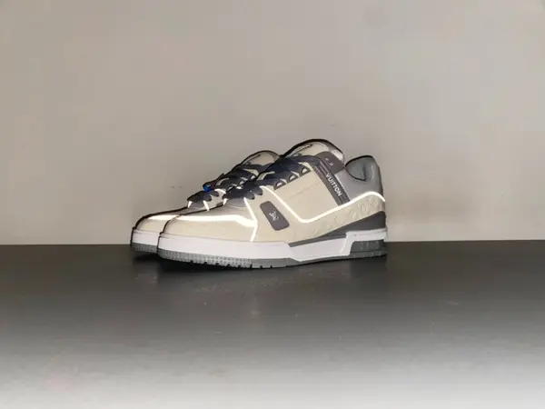 Louis Vuitton LV trainer, beige-grey, reflective LV collaboration.
