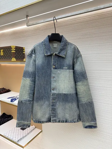 Dior letter embroidered color-blocked washed distressed denim shirt jacket