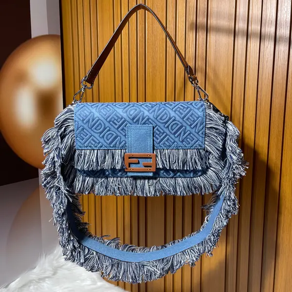Fendi Baguette Embossed Denim Tassel Bag Size: 26 15cm, Model 0199
