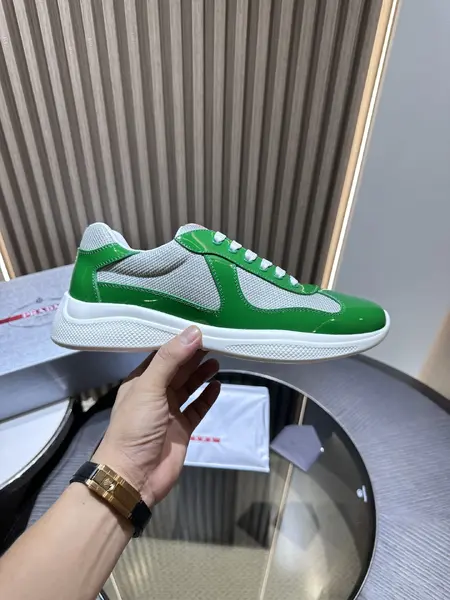 PRADA Men's Green Leather Lace-Up Low-Top Sneakers with Cushioning for Casual Wear