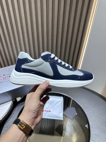 PRADA Silver-Blue Patent Leather Lace-Up Sneakers – Low-Top, Durable & Stylish