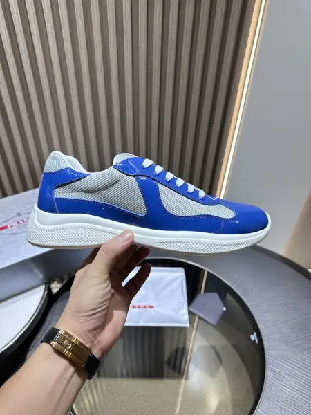 PRADA Men's America's Cup Blue Patent Leather Low-Top Sneakers - Calfskin Round-Toe Casual Lace-Up Shoes