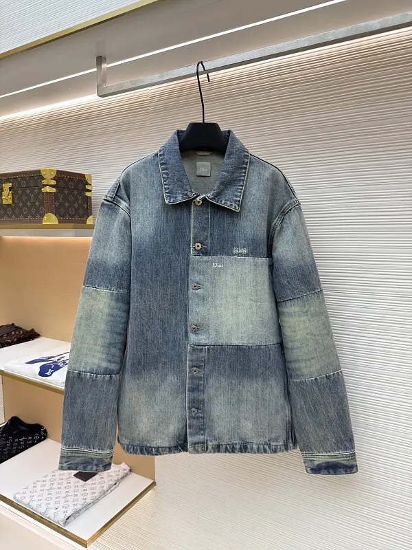 Dior letter embroidered color-blocked washed distressed denim shirt jacket
