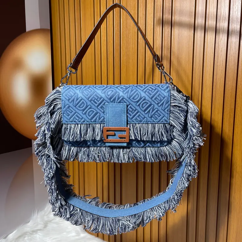 Fendi Baguette Embossed Denim Tassel Bag Size: 26 15cm, Model 0199