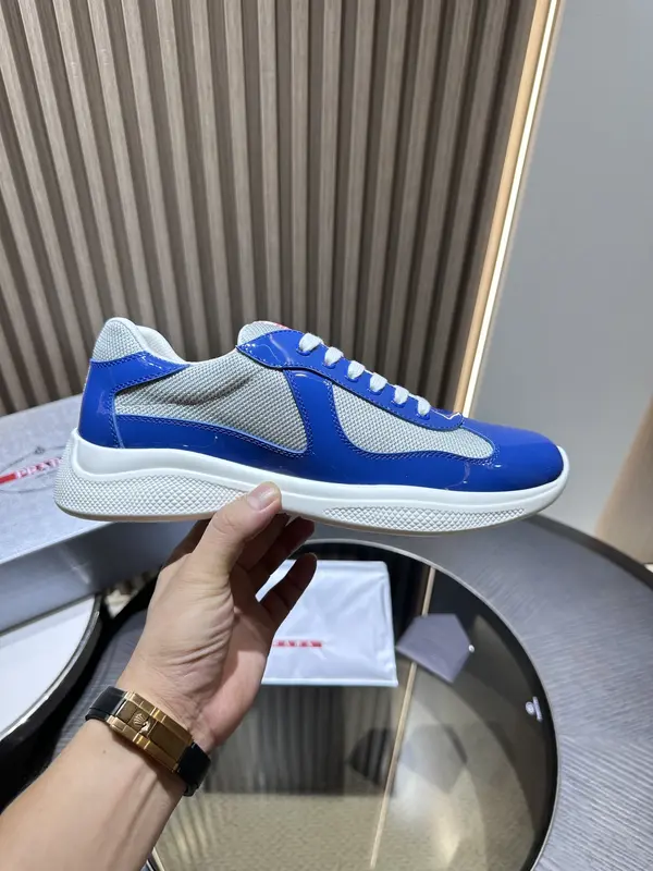 PRADA Men's America's Cup Blue Patent Leather Low-Top Sneakers - Calfskin Round-Toe Casual Lace-Up Shoes
